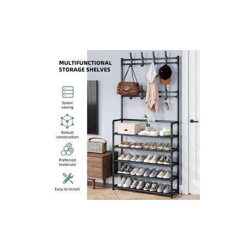 All-In-1 Shoe Rack/Coat Rack/Cap Scarf Bag Cloths With Hangers Durable Metallic